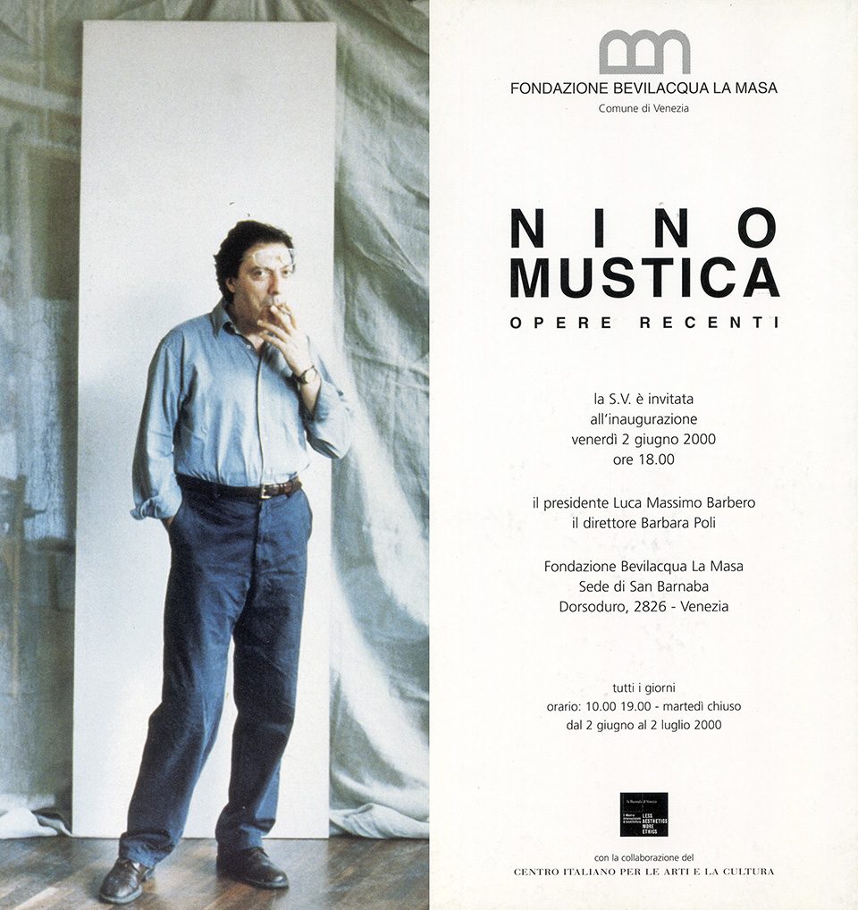 IInvito della mostra <em>Nino Mustica</em>, Fondazione Bevilacqua La Masa, Venezia, 2000 →